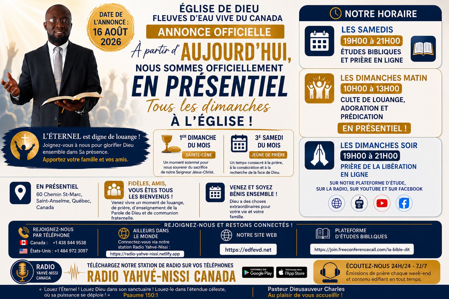 Annonce officielle du 16 août 2026 — EDFEV en présentiel tous les dimanches, horaire des samedis, dimanches matin, dimanches soir, Sainte Cène et jeûne de prière